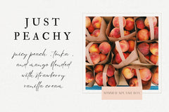 Description of Just Peachy bath bomb from the Wild Hare Apothecary with a graphic of peaches in brown paper bags