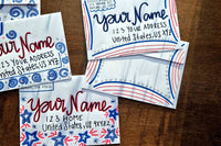 Three hand-decorated patriotic envelopes with red and blue stars, swirls and stripes, featuring handwritten sample names and U.S. addresses.