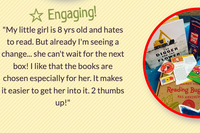 Colorful graphic showcasing the Reading Bug Box logo and subscription service details for children's books