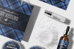 Proffesional proto of blue mens spa and wellness products made with sandalwood scent and many more..