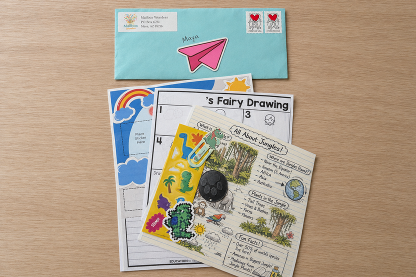 A Mailbox Wonders letter, opened: an envelope with the child’s name, a sticker poster, a jungle fact sheet, and dinosaur stickers