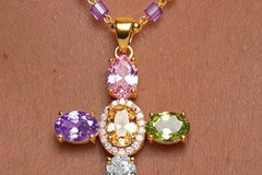 Multi-Color Beaded Gold Plated Cross Necklace — Rainbow Gemstone Cross Pendant, 16 Inch Chain with 2 Inch Extender, Gift for Her