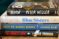 Close-up of a Stack of books of various titles like Burn and Blue Sisters on top of a brown paper shipment bag.