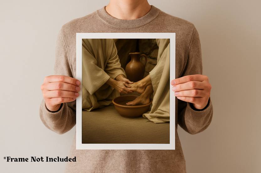 Person holding an 8x10 Christian art print portraying Jesus washing a disciple’s feet with a clay basin and pottery in the background. 