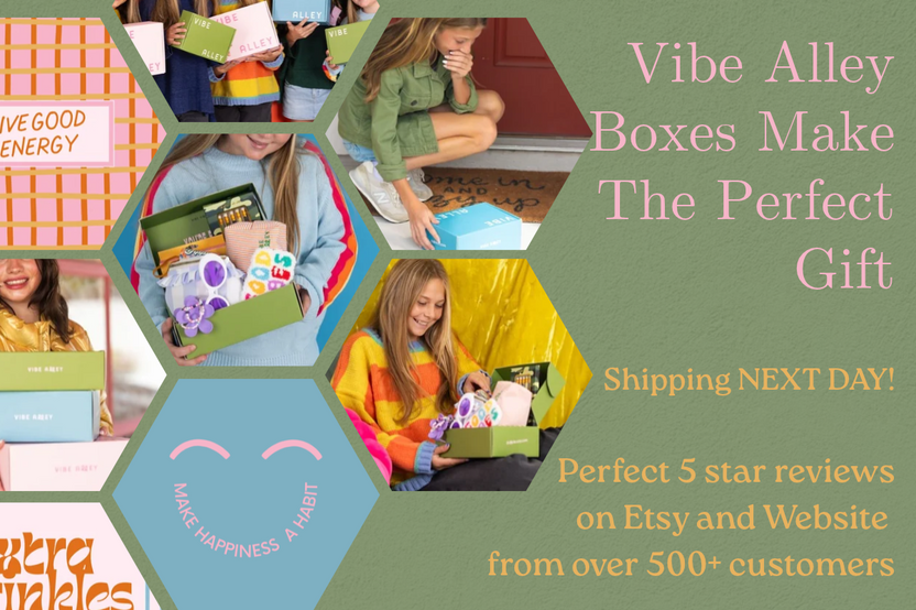 Girls opening and holding Vibe Alley boxes. Text reads “Vibe Alley Boxes Make the Perfect Gift. Shipping next day. Perfect 5 star reviews fr