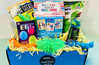 VIP Box of Sensory Toys squish Gecko, Eeboo Good Manners cards, Fuzzy textured bracelet, twiddle fidget, Kinetic sand, Stretchy catepillars