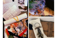 A collection from the Busy Witch Box featuring Yule ritual items like crystals, anointing oils, and witch bells in a festive setting