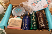 Tranquil Rose spa gift box featuring handcrafted soaps, body butter, bath products and botanical self-care essentials