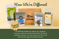 The WeSteep Monthly Tea Box surrounded by loose leaf tea pouches. WeSteep supports small businesses and indepentent tea companies.