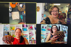Virtual craft class where people are showing off their handmade fabric pumpkins | Panache Craft Box - Monthly Craft Box + Live Virtual Art 
