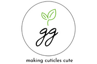 the greenmade goods logo: "gg" with plant leaves above encased in a black circle with "making cuticles cute" below.