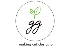 the greenmade goods logo: "gg" with plant leaves above encased in a black circle with "making cuticles cute" below.