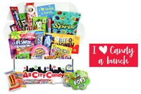 Example box open with sweet candy treats shown.  Box will come packed with new and unique candies.  Some that are old favorites and new. 