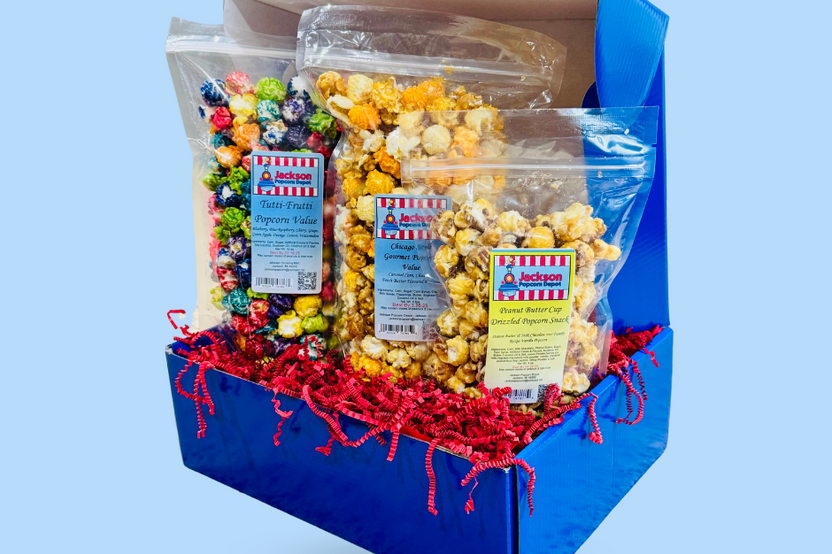 Popcorn Subscription Box includes One Sweet Value Popcorn, One Salty Value Popcorn and One Specialty Snack popcorn. 