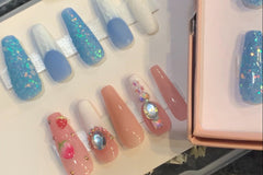 Winter set and strawberry set. Blue and white glitter nails with french tip sweater design. Glossy or matte. Pink nails with white french
