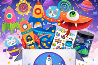 Colorful Little Dreamers Club Crafts Subscription Box featuring solar system crafts and educational activities for kids