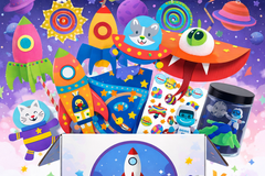 Branded image of the Little Dreamers Club Solar System Craft box and select crafts included in the box for ages 3-5