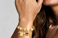 Hearts on Fire Gold Charm Bracelet — Ruby Gemstone Heart, Gold Cross & Angel Charm Friendship Bracelet, Gift for Her