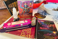 Kali Oracle Deck, Selenite Tower, 2025 Daily Planetary Guide, Smudge Stick, Tarot Card Holder, Satya Incense, Purple Incense Holder