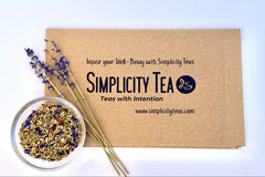 Lady Lavender Tea Blend Simplicity Teas. Packaging for mini sized first time box. Premium Loose Leaf teas with intention. Makes a great gift