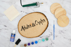 Wood Burning Kit that includes wood, tool, coasters, paint, glass, brushes and more from adults and crafts!