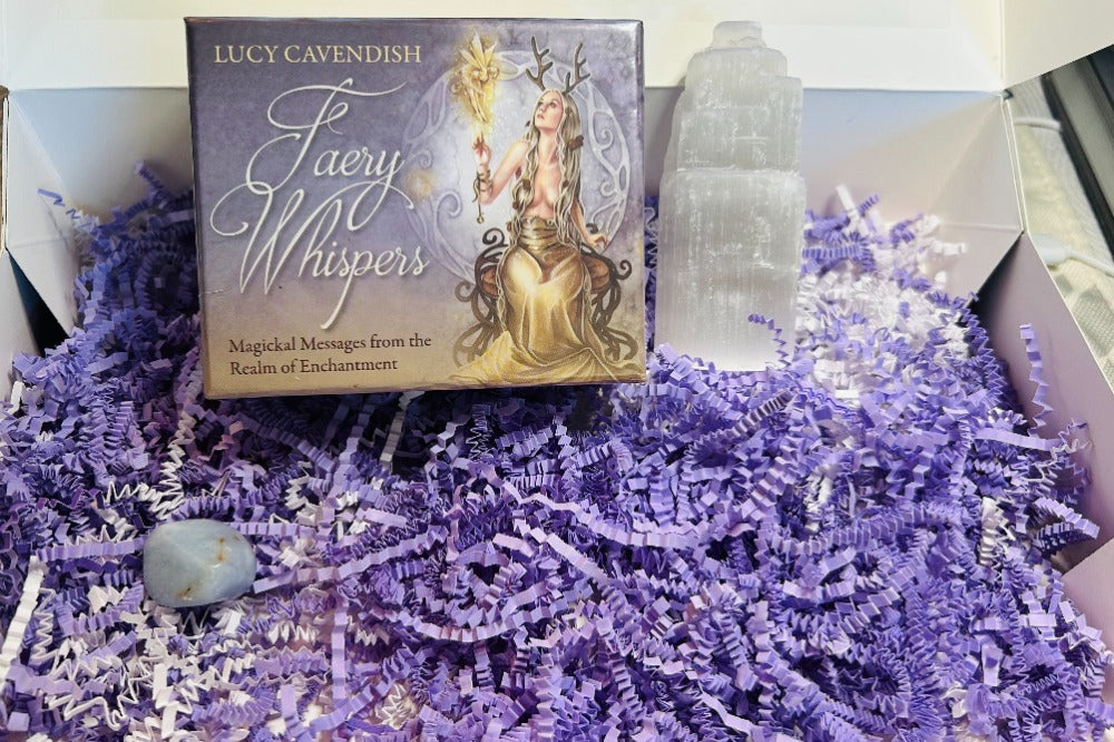 faery whispers Oracle deck by Lucy Cavendish, 4 inch selenite Tower, angelite gemstone, oracle deck, purple crinkle paper