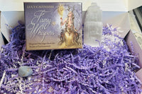 faery whispers Oracle deck by Lucy Cavendish, 4 inch selenite Tower, angelite gemstone, oracle deck, purple crinkle paper
