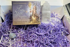 faery whispers Oracle deck by Lucy Cavendish, 4 inch selenite Tower, angelite gemstone, oracle deck, purple crinkle paper
