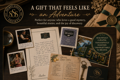 Cozy mystery snail mail for adults with collectible letters, mystery puzzles, postcards, recipe cards, and premium tea.