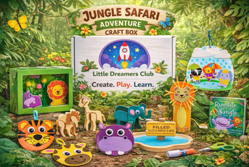 Little Dreamers Club Jungle craft box with jungle animal-themed kids crafts, storybook, activities, and screen-free creative learning fun
