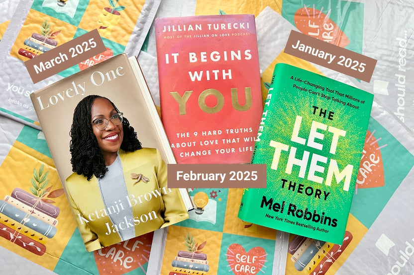 January, February, and March 2025 book picks including The Let Them Theory, It Begins With You, and Lovely One, on branded packaging