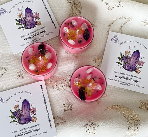 Amethyst and Rose Quartz Soy Wax Candle 'Rose • Jasmine • Cardamom' (Set of Three Candles) by FFB