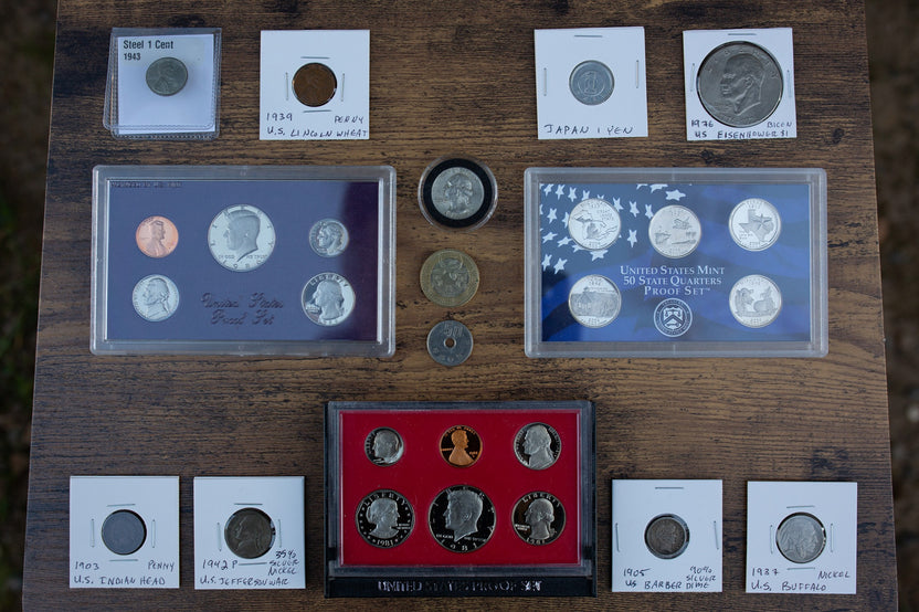 Pro Style Sports coin collectors box with a mixture of proof sets, US coins, foreign coins, new and old. 
