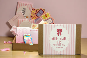 Unboxing personalized stationery box with custom notepads and matching paper goods. Box Overview Flat Lay paper items personalized goods