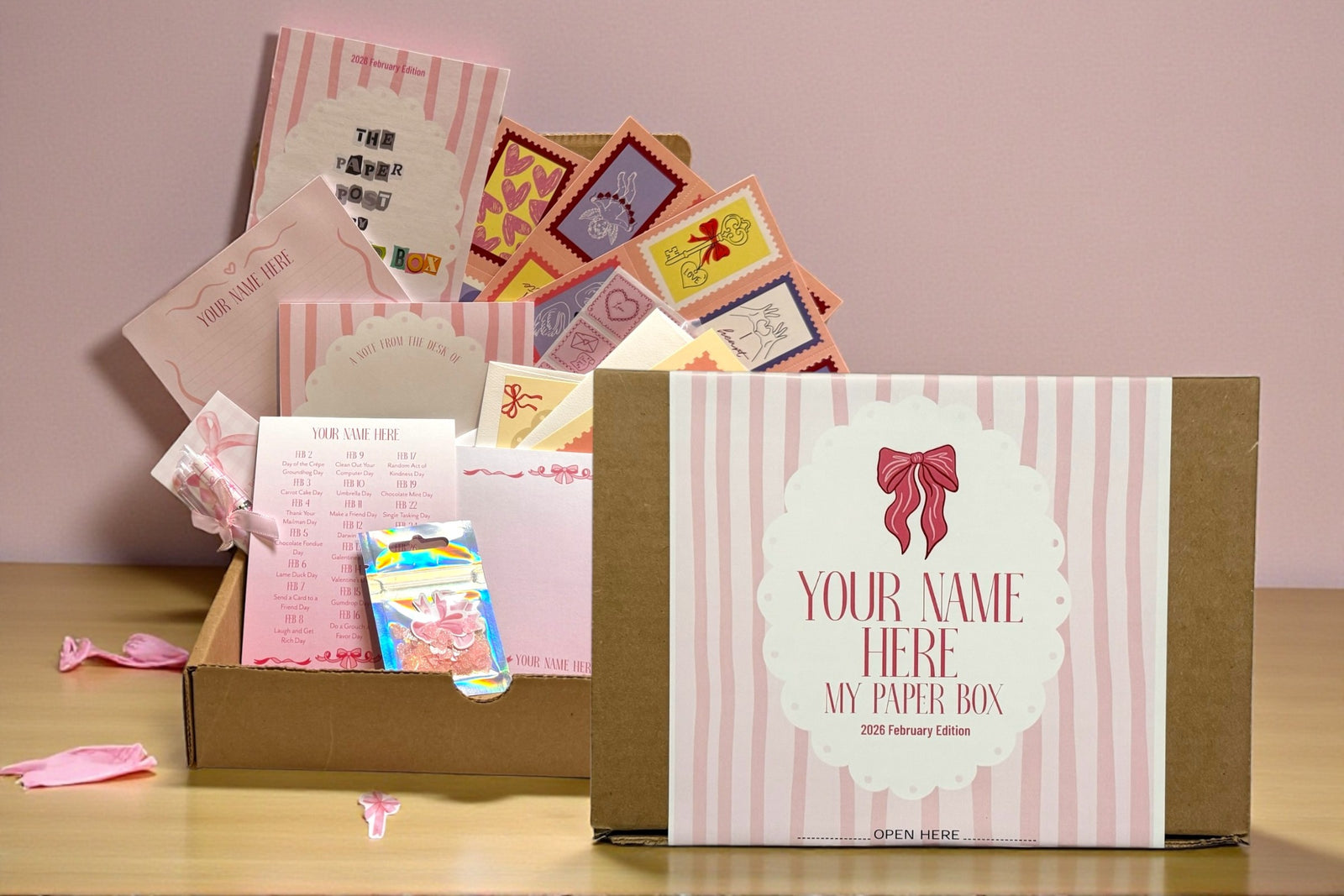 Unboxing personalized stationery box with custom notepads and matching paper goods. Box Overview Flat Lay paper items personalized goods