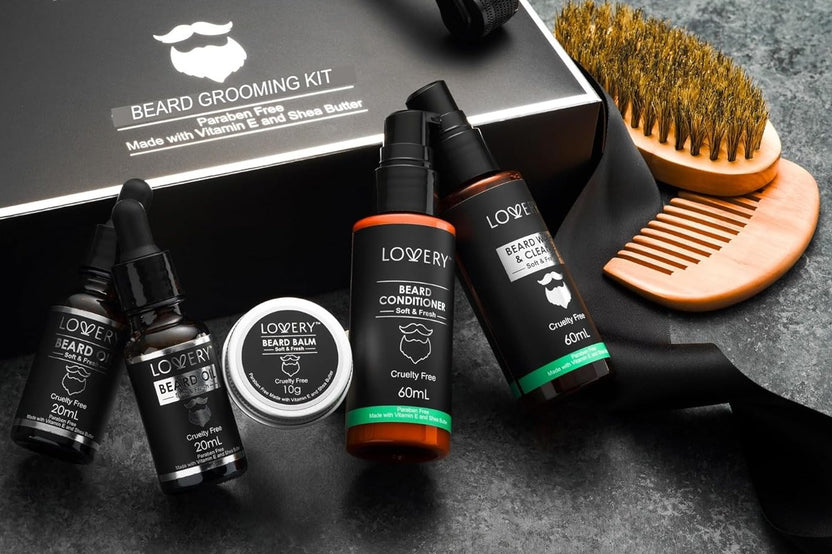 photo of a few products from a popular brand with grooming items for men that want to help their beards.
