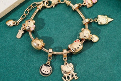 Vintage Kitty Charm Bracelet with Cupcake and Teapot / Cute and Collectible Jewelry