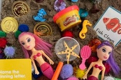 Kinetic sand
Hands on play
Mermaid fun
learn and grow
skill builders 
learn about letters and numbers
sensory box 