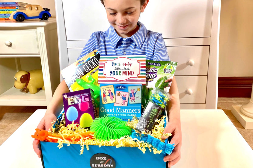 Eeboo Good manners cards, glow egg, stretch lizard geek, stretch caterpillar, fuzz bracelet, kinetic sand, extreme twiddle fidget