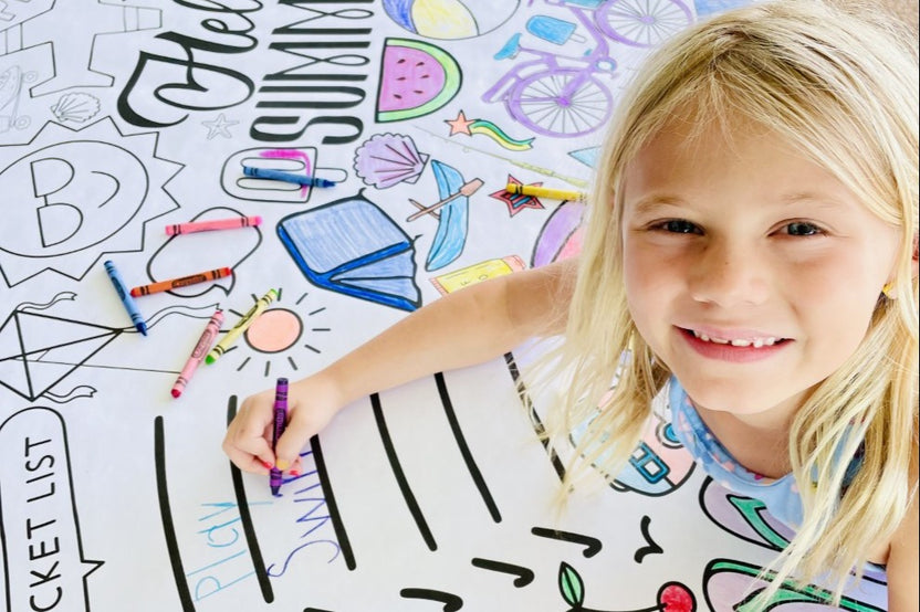 Seasonal kids coloring tablecloths; fun, themed designs delivered monthly for creative playtime all year long. Made in the USA