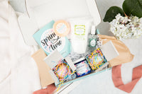 Spring Time Bath Bevy Subscription box with bath bombs, whipped soap scrub, bubble bar, epsom salts and hand sanitizer spray
