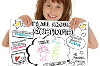 Little girl holding an "It's all about my grandma poster." Bright colors are adorable on this page. Bubbles for grandma's favorite things.