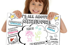 Little girl holding an "It's all about my grandma poster." Bright colors are adorable on this page. Bubbles for grandma's favorite things.