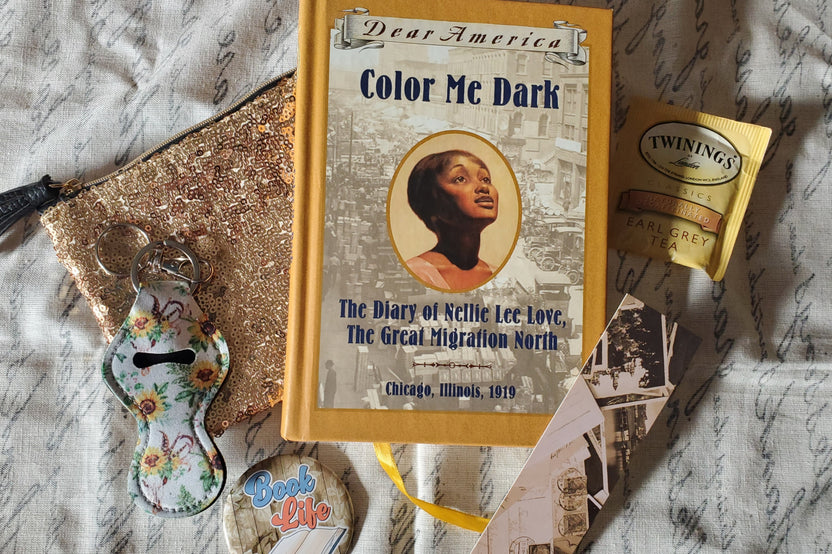 September Box 2020 (Chapter Book Age Group) - Included monthly book, button pins, fun make-up pouches, and more.