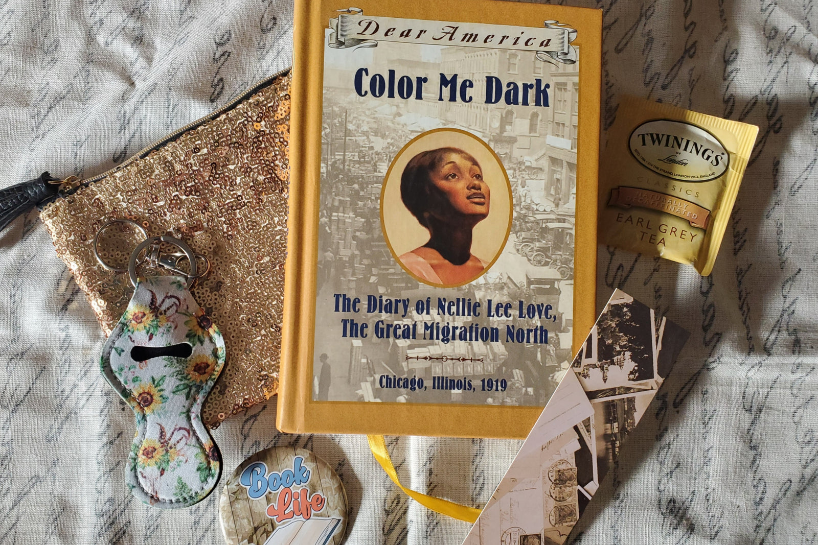 September Box 2020 (Chapter Book Age Group) - Included monthly book, button pins, fun make-up pouches, and more.