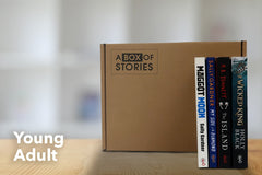 Brown subscription box filled with four young adult light reading books, featuring engaging stories and relatable characters for teen reader