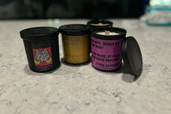 An example of our scented candles that come in our Album of the month subscription box. QR Code Included. Fragrances and quotes will vary.