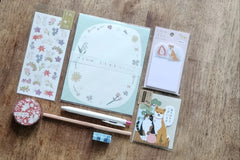 Packs by Misty Co. stationery subscription bundles with stickers, sticky memo, writing paper, letter set, washi tape and writing tools.