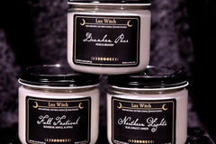 The candles for this box are 10ox glass jar candles with black screw-on lids. These jars can be recycled after use. 100% soy, clean burn.