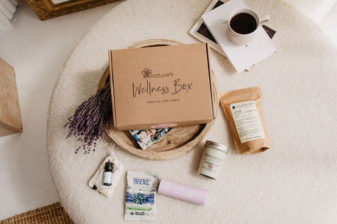 A closed Nature's Wellness subscription box with non-toxic, natural, vegan skin-care, and household products.